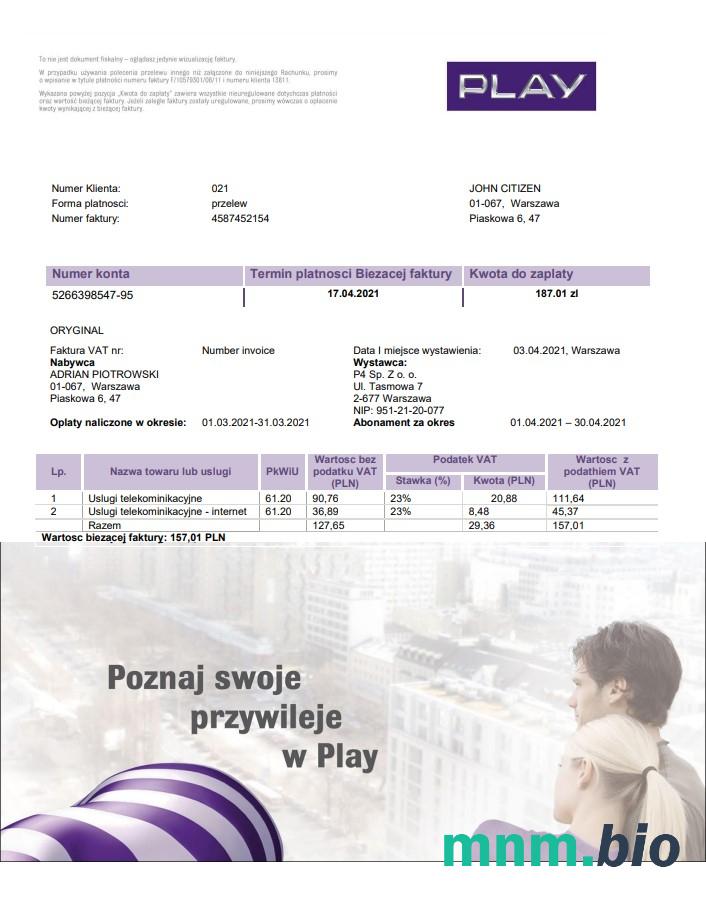 Polska Zagraj w szablon rachunku za media w formacie Word i PDF, w pełni edytowalny
